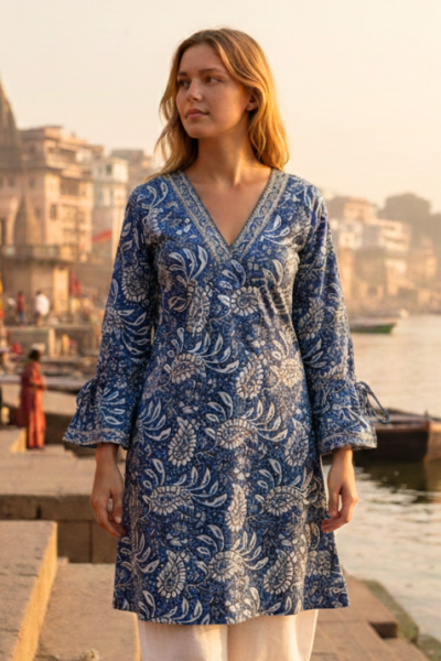 Paisley Print Kaftan Top Soft Indian Cotton Block Print Blue Sizes 8 - 16