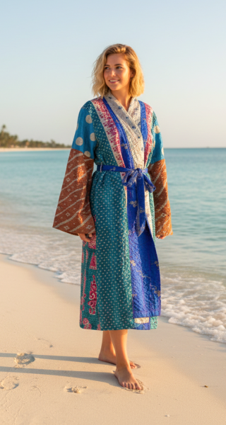 Indian Sari Kantha Robe Long Kimono Dressing Gown Beach Cover # 2