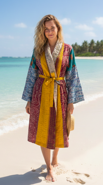 Indian Sari Kantha Robe Long Kimono Dressing Gown Beach Cover # 3