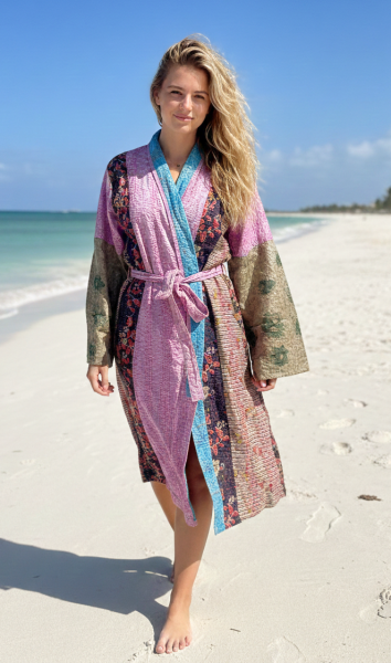 Indian Sari Kantha Robe Long Kimono Dressing Gown Beach Cover # 4