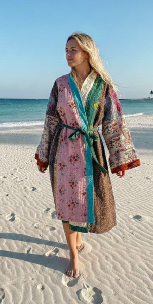 Indian Sari Kantha Robe Long Kimono Dressing Gown Beach Cover # 5
