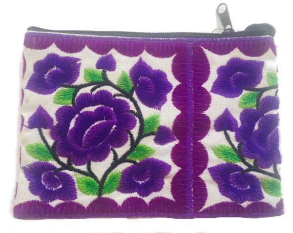 Hmong Thai Hill Tribe Flower Embroidered Tribal Purse - Purple / White Flower Fair Trade