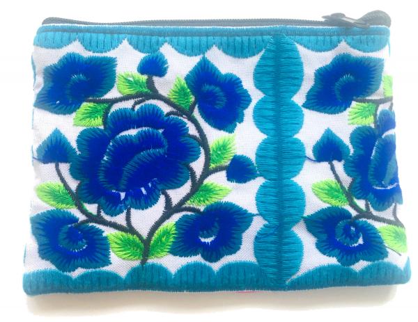 Hmong Thai Hill Tribe Flower Embroidered Tribal Purse - Blue / White Flower Fair Trade