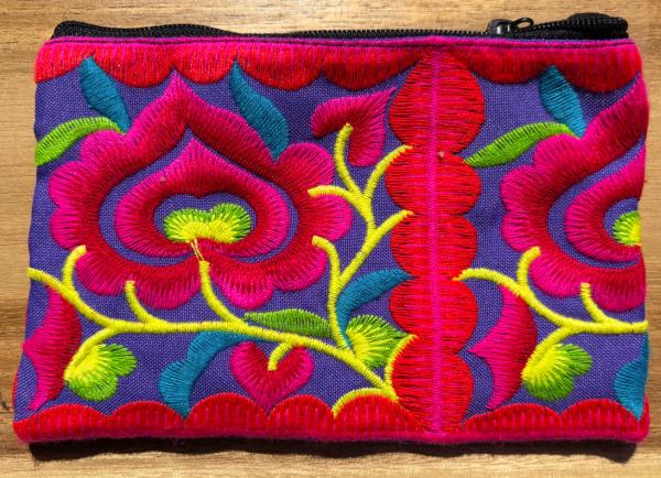 Hmong Thai Hill Tribe Flower Embroidered Tribal Purse - Pink / Blue Flower Fair Trade