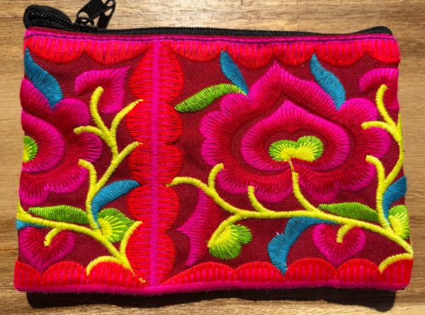 Hmong Thai Hill Tribe Flower Embroidered Tribal Purse - Pink / Maroon Flower Fair Trade