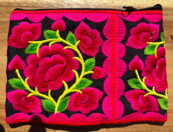 Hmong Thai Hill Tribe Flower Embroidered Tribal Purse - Pink / Black Flower Fair Trade