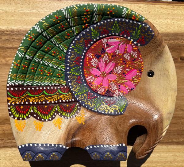 Handcrafted Hand Painted Wooden Elephant Dish - Green & Blue