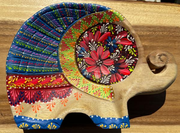 Handcrafted Hand Painted Wooden Elephant Dish - Blue & Gold