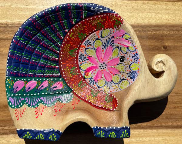 Handcrafted Hand Painted Wooden Elephant Dish - Blue