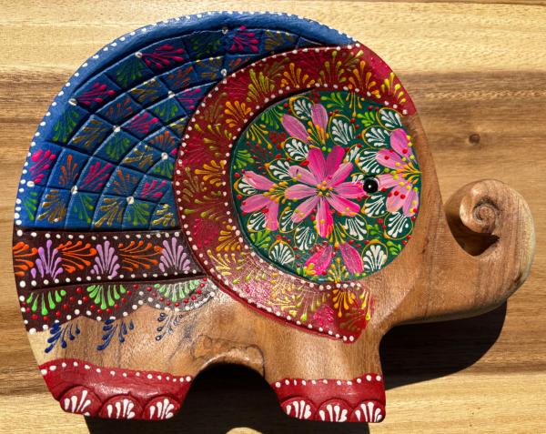 Handcrafted Hand Painted Wooden Elephant Dish - Pink & Blue