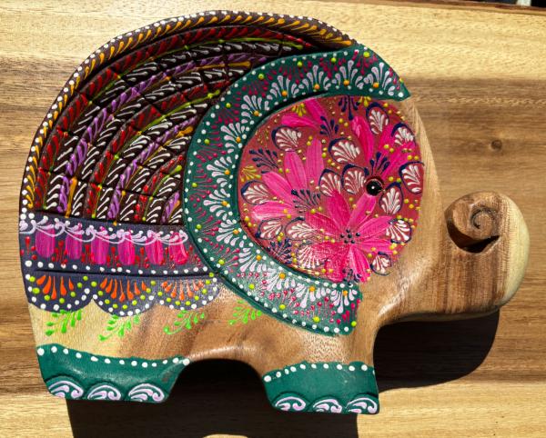 Handcrafted Hand Painted Wooden Elephant Dish - Brown & Green