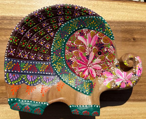 Handcrafted Hand Painted Wooden Elephant Dish - Pink & Green