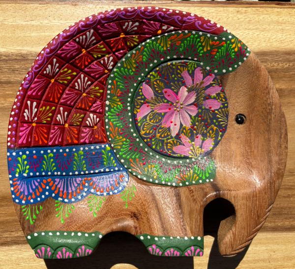 Handcrafted Hand Painted Wooden Elephant Dish - Maroon & Green