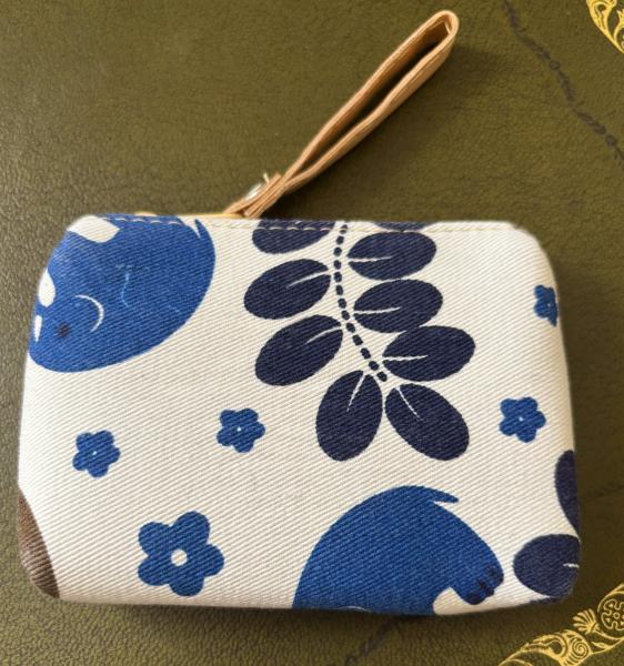 Baby Elephant Padded Coin Purse Cotton Blue & White Leaves + Flowers Design Fair Trade