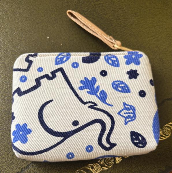 Baby Elephant Padded Coin Purse Cotton Blue & White Leaves Design Fair Trade